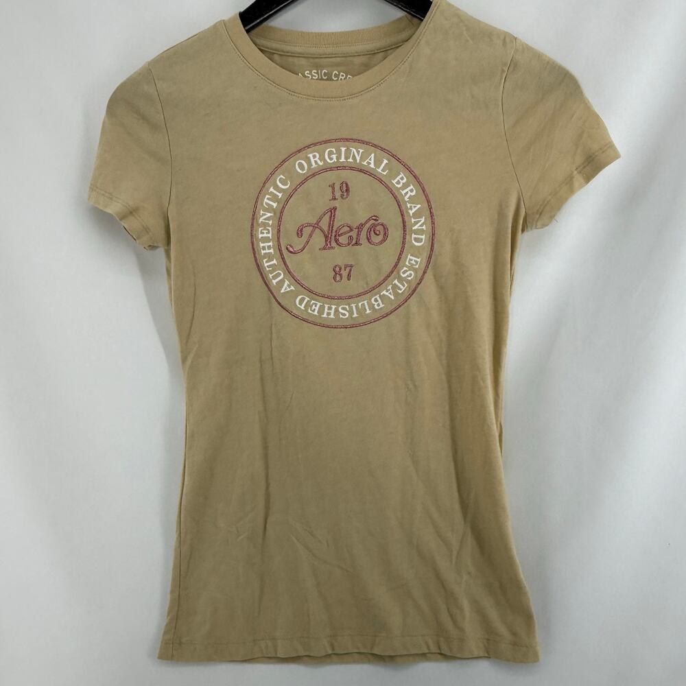 Aeropostale Classic Crew Embroidered Tee Womens Small Tan Pink Casual Fall Top